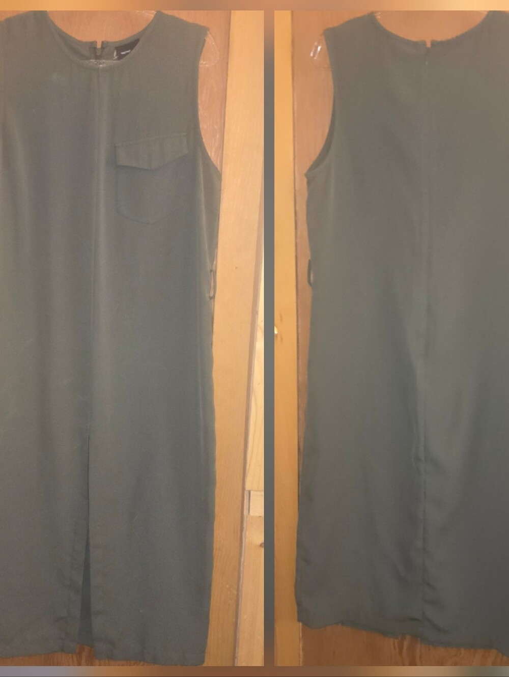 New no tags womens medium olive green midi dress with slit and pockets